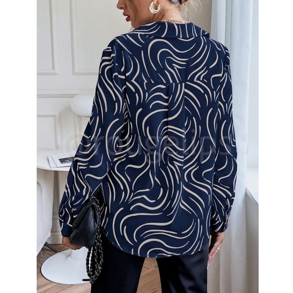 Abstract Print Button Down Collared Long Sleeve Dress Shirt Top Navy Blue - Picture 3 of 8